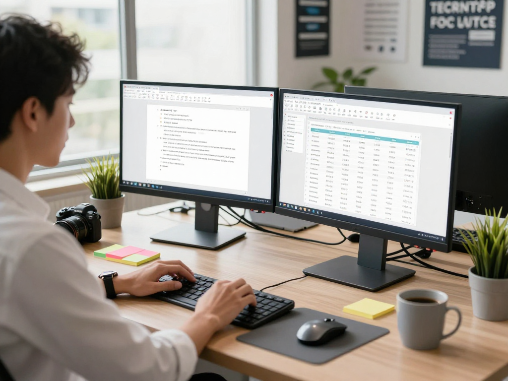 在现代办公环境中使用WPS Office软件,用户专注于文档处理和电子表格,桌面上散落着便签和咖啡杯,明亮自然的光线照亮了整个空间。