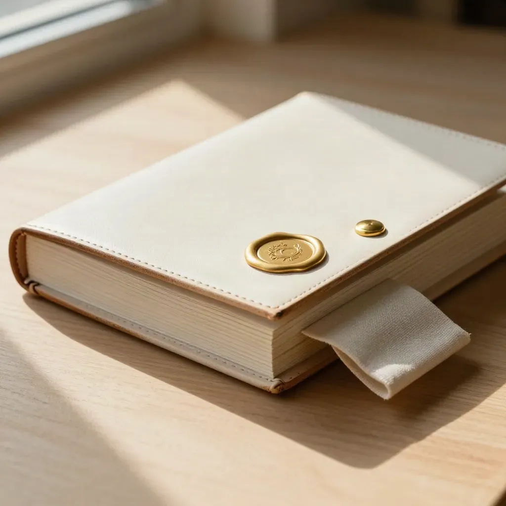 Leather legal portfolio with fanned pages and a gold wax seal on pale wood.