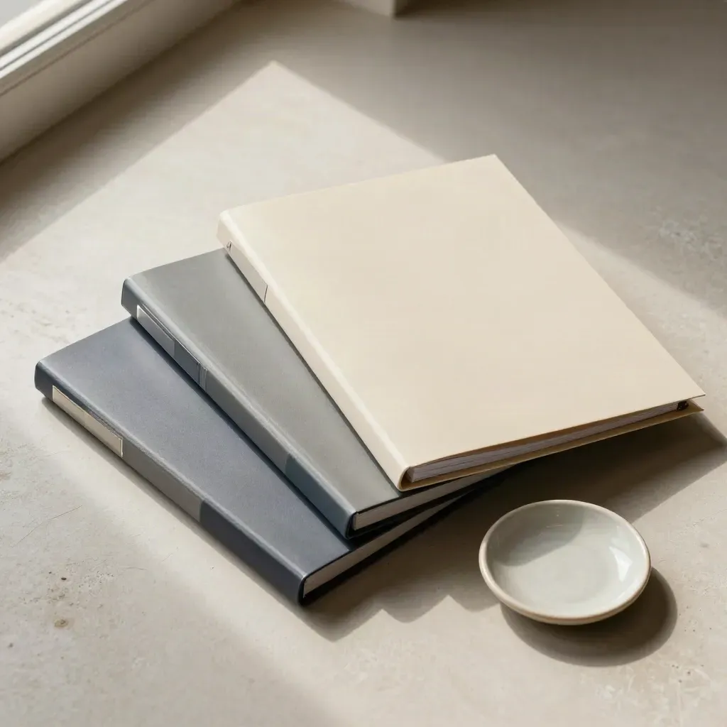 Overhead binders and a privacy folder on pale plaster with a ceramic dish
