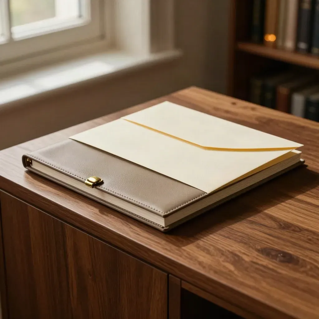 Warm legal folio, leather sleeve, and sealed mailer on oak in evening light.