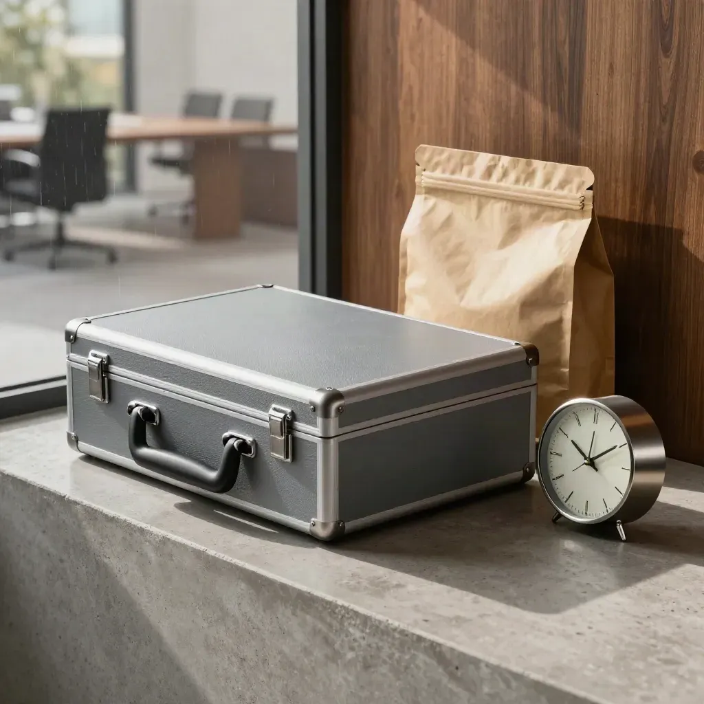 Slate file case, delivery pouch and desk clock on a concrete ledge in soft morning light.