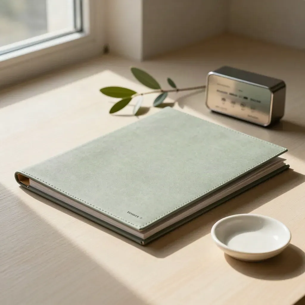 Closed employment rights folder with timer, plant sprig and ceramic dish on pale wood.