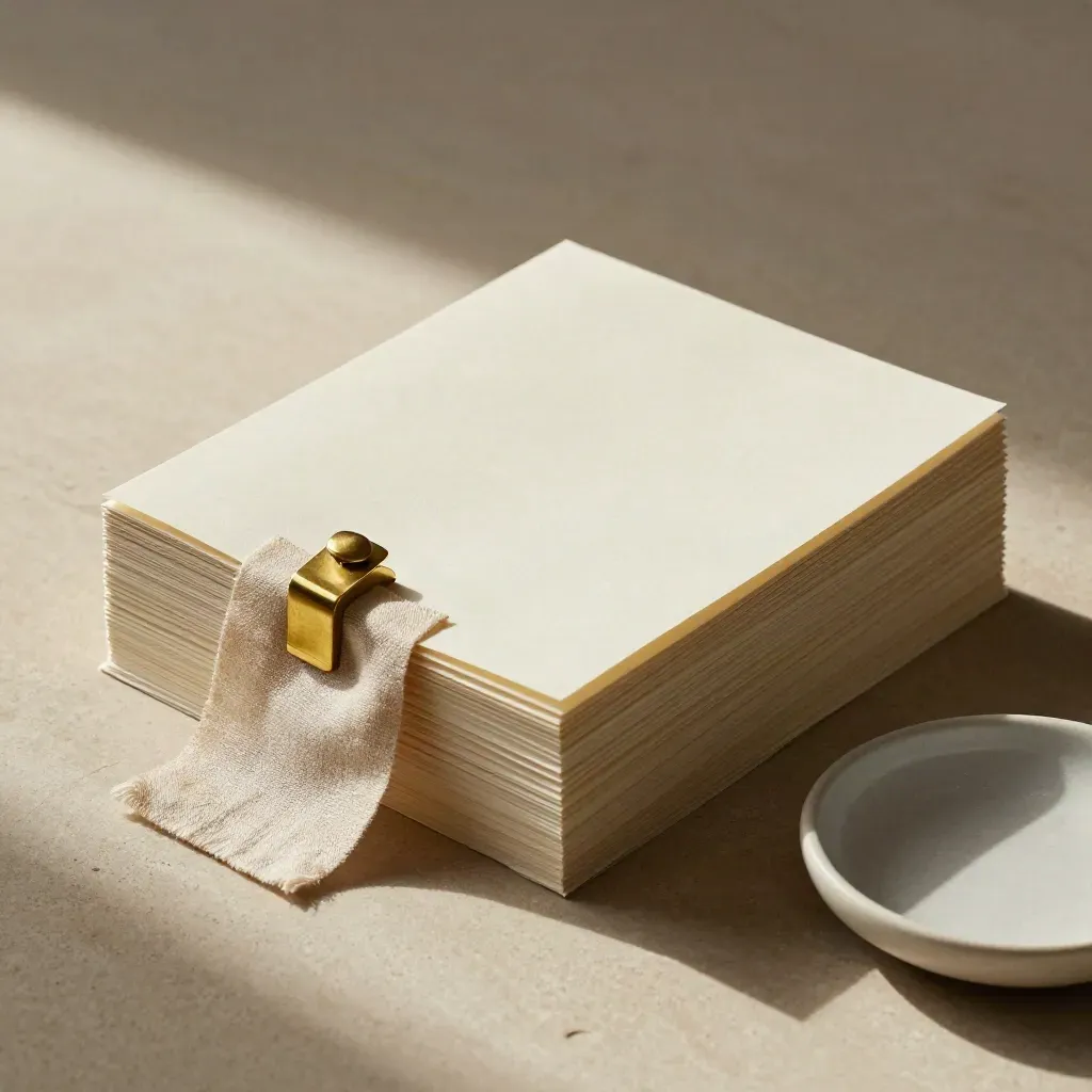 Overhead legal page stack with brass weight, linen swatch and ceramic dish on stone.